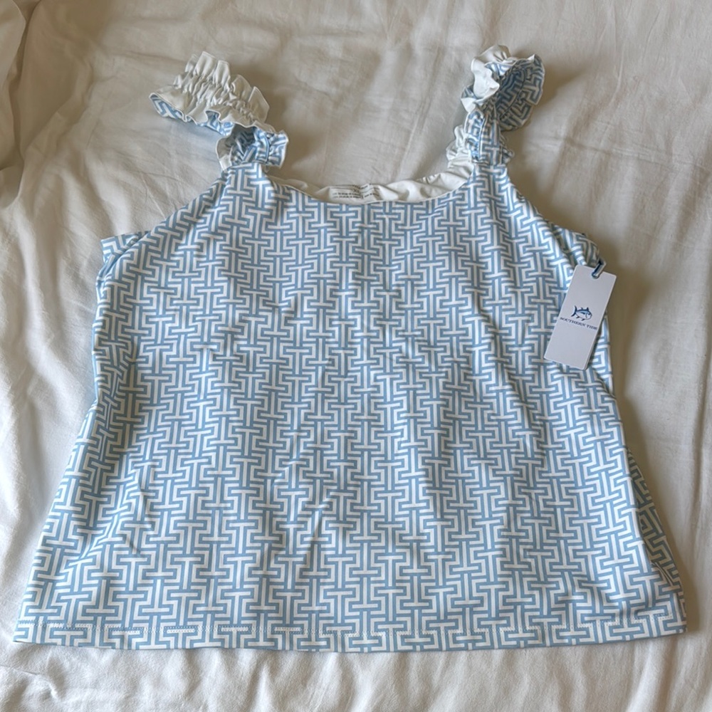 Southern Tide Blue and White active Ruffled Sport Top